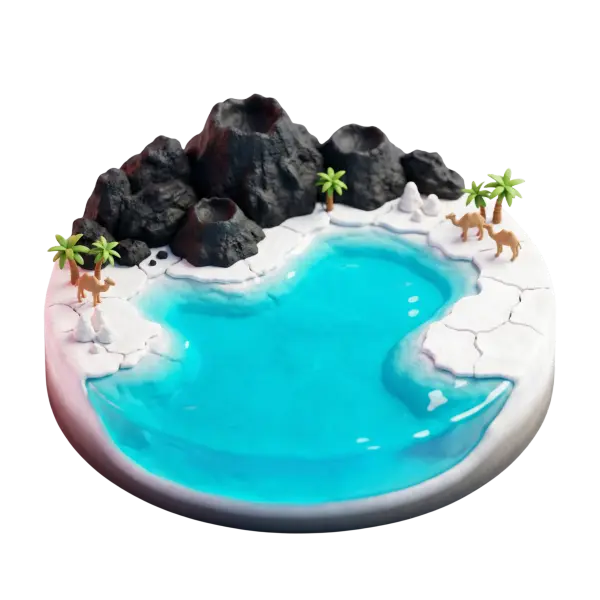 3D clay-style depiction of Lake Assal: a bright turquoise crater lake set inside white salt flats, bordered by dark volcanic rock cones, tiny palm trees and small camel figures. Rendered in a top-down three-quarter view with soft studio lighting on an isolated black background.