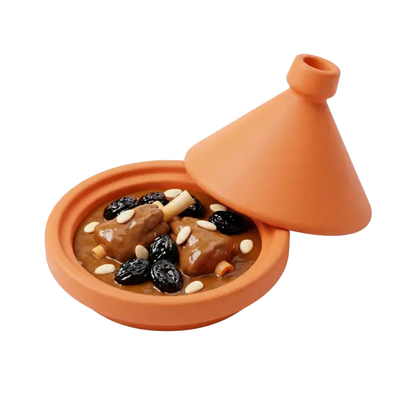 3D render of a terracotta tagine with the lid ajar revealing two braised lamb pieces in a glossy brown sauce, glossy dark prunes and scattered blanched almonds; warm orange clay vessel against a black background.