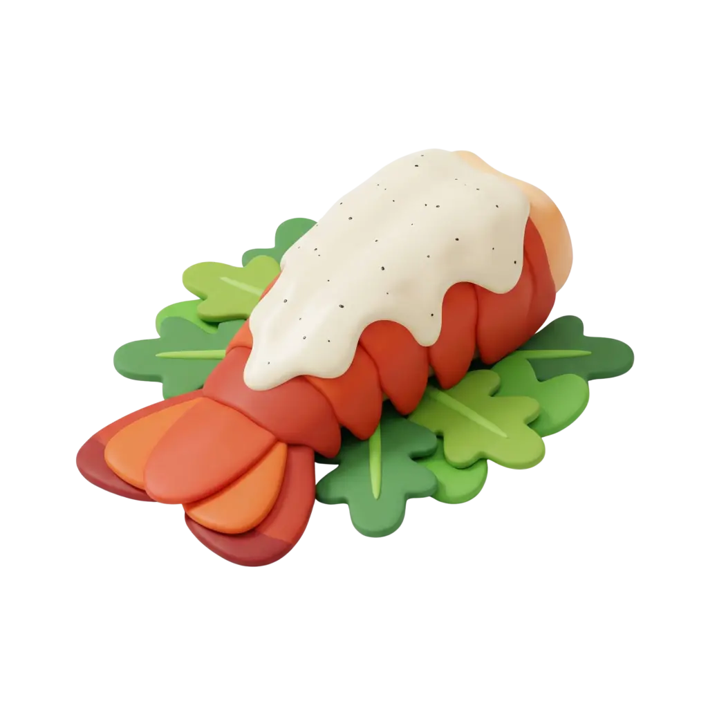 3D render of a lobster tail topped with a creamy white vanilla sauce, placed on stylized green leaves; bright orange-red shell segments and smooth sauce texture visible against a black background.