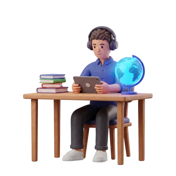 Full-body 3D scene of a male student wearing headphones and a blue shirt sitting at a wooden desk, holding a tablet with a stack of books and a glowing blue globe on the table; isolated on a black background.