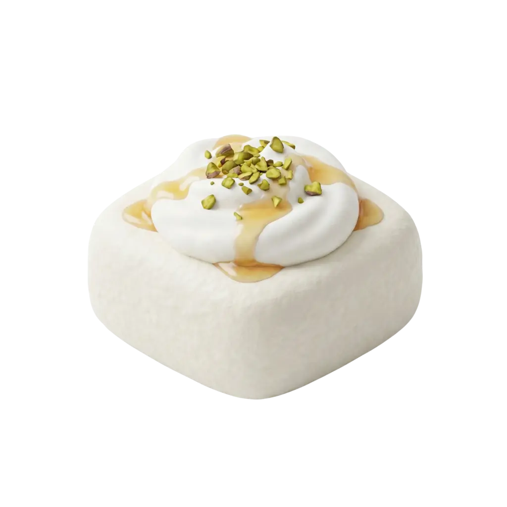 3D render of Layali Lubnan showing a square white creamy pudding topped with a swirl of whipped cream, golden syrup drizzle and chopped green pistachios, isolated on a black background.