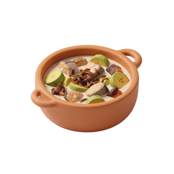 3D render of a fish stew in a terracotta pot, showing a creamy pale broth with chunks of fish, sliced green plantains and caramelized onion ribbons, isolated on a black background.