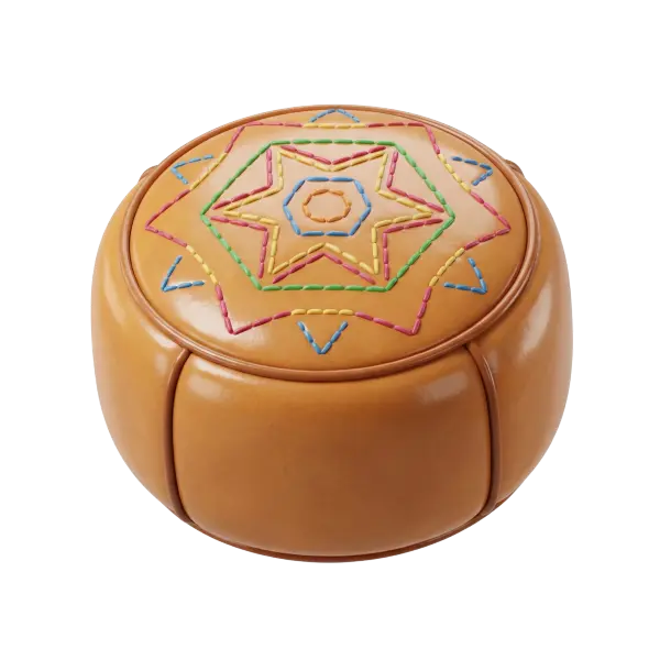 3D render of a round tan leather pouf with colorful embroidered star stitching on the top, glossy leather finish and visible panel seams. Isolated on a transparent background.