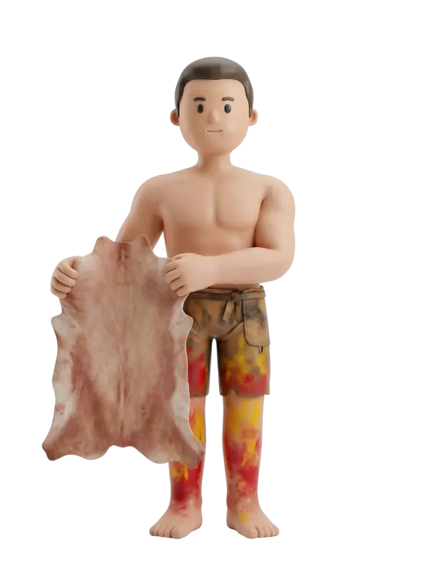 Full-body 3D character of a shirtless male tanner holding a large animal hide, wearing stained brown shorts with red and yellow dye marks on his legs, short dark hair and a neutral slight smile, posed front-facing on a transparent black background.