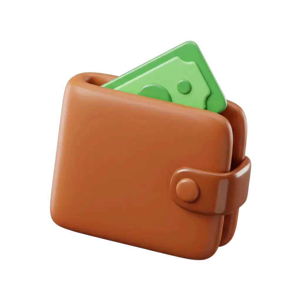 3D render of a compact brown leather wallet with rounded edges and a snap strap, with green stylized banknotes peeking out; smooth matte finish and soft highlights. Isolated on a black background.