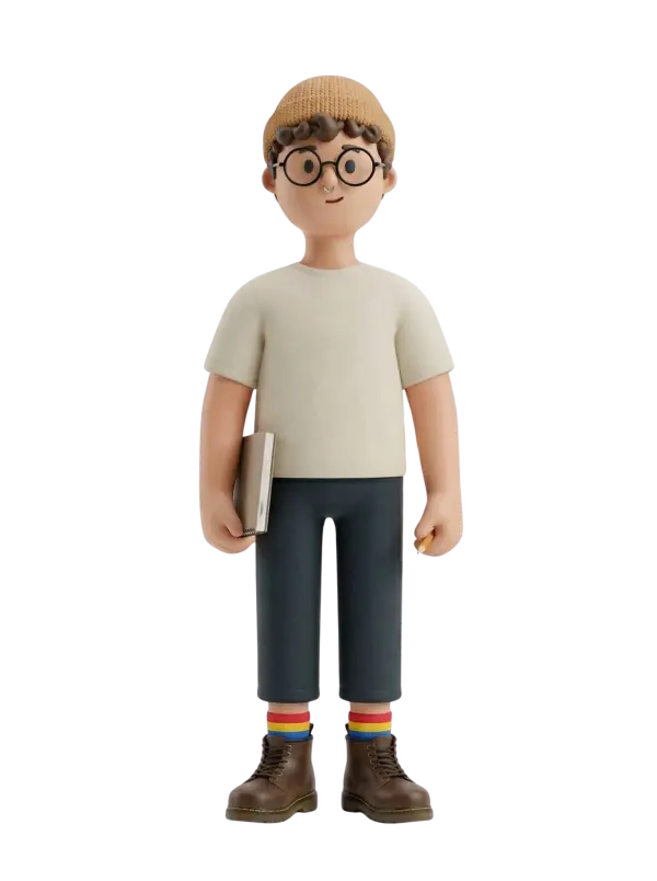 Full-body 3D character of a young male Lebanese art student wearing a beige knit beanie, round glasses and a nose ring, holding a sketchbook in his left hand and a pencil in his right, dressed in a cream T-shirt, cropped dark trousers, rainbow socks and brown boots against a plain background. He has curly brown hair, a friendly neutral expression and a relaxed standing pose.