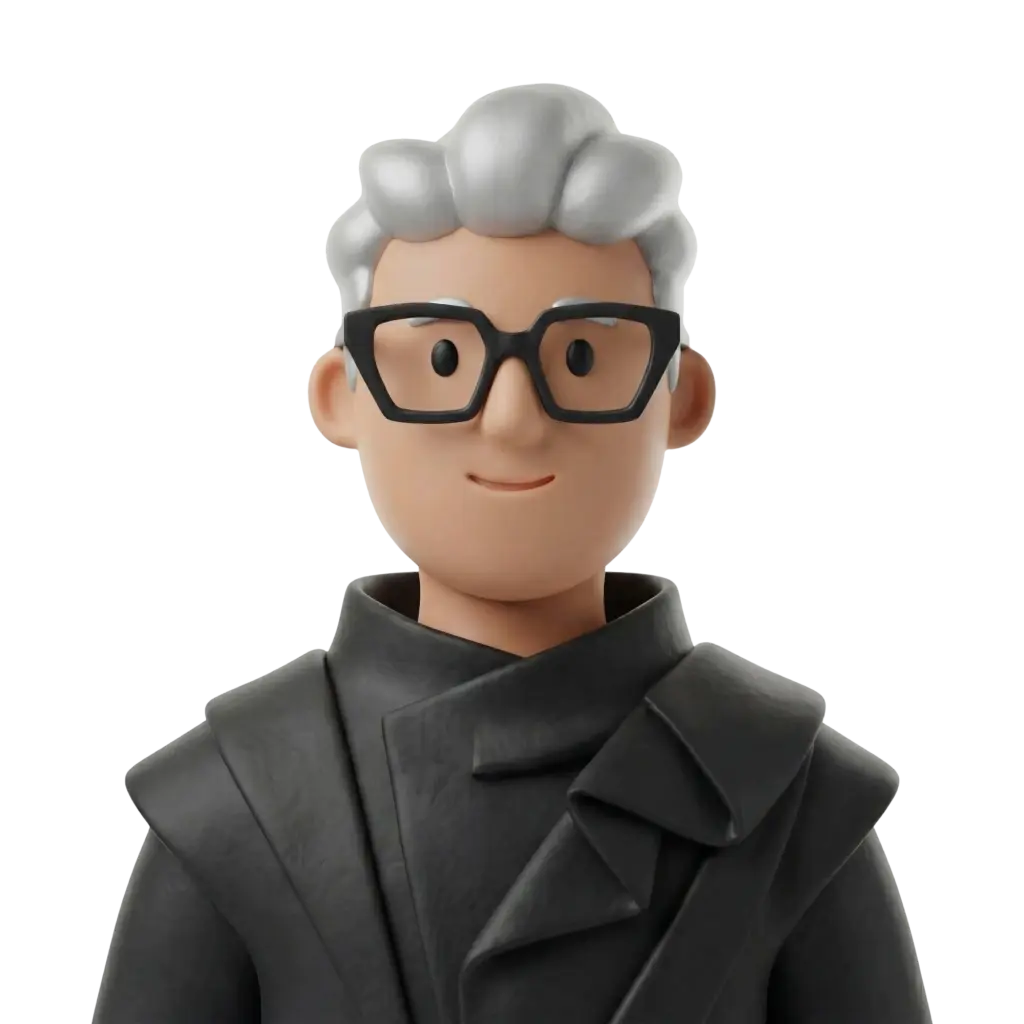 3D portrait bust of a male Lebanese fashion designer with wavy silver hair, black rectangular glasses, and a high-collared black textured coat with layered lapel details; neutral smile, isolated on a black background, isolated render.