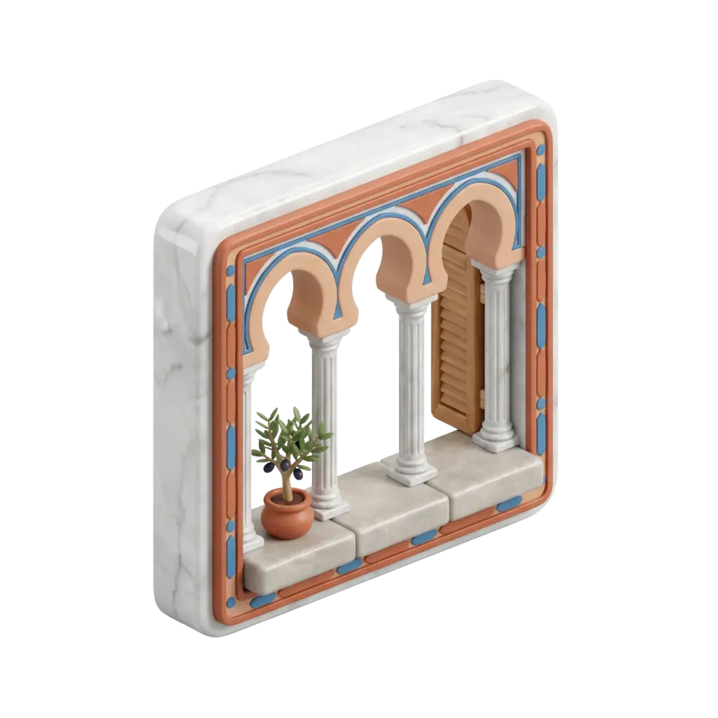 3D render of a stylized Lebanese house window with three horseshoe arches, white marble outer frame, terracotta-orange and blue decorative trim, three fluted white columns, stone sill, wooden shutter and a small terracotta pot with an olive plant; glossy marble and matte plaster finishes on a transparent background.