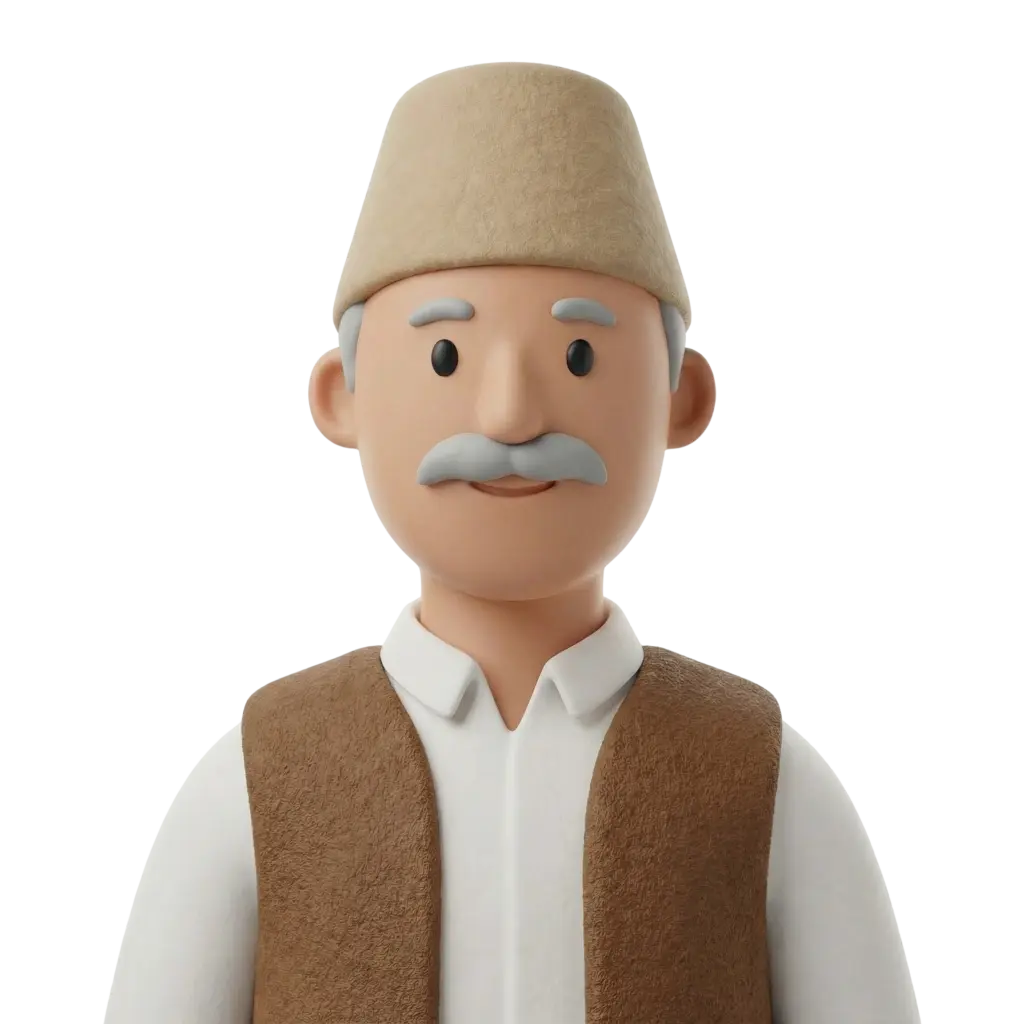 3D portrait bust of an older Lebanese man wearing a beige tarboosh and a brown textured vest over a white shirt, with grey mustache and eyebrows, neutral friendly expression, facing forward against a black isolated background.