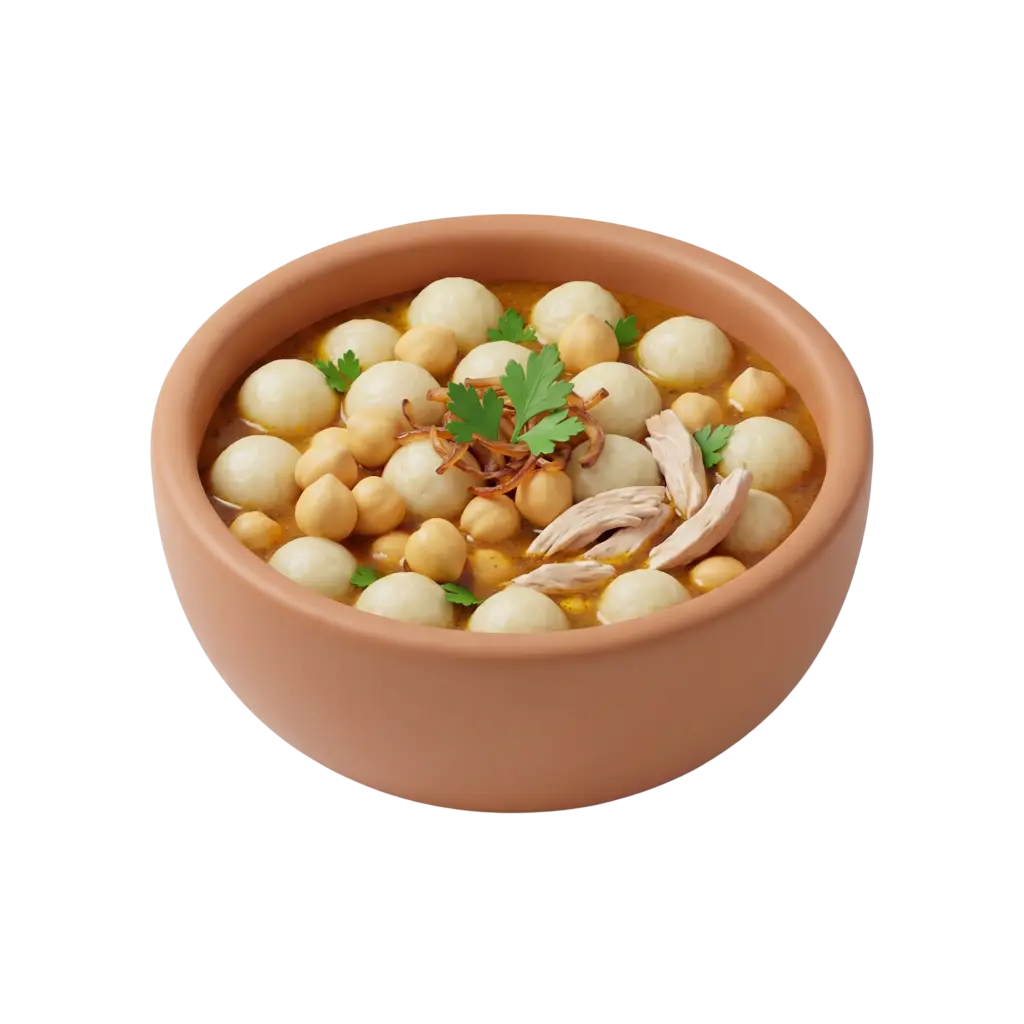 3D render of a matte terracotta bowl filled with Lebanese moghrabieh: round semolina pearls, chickpeas, shredded chicken, fried onions and parsley in a golden broth. Isolated on a black background with visible broth gloss and soft textures.