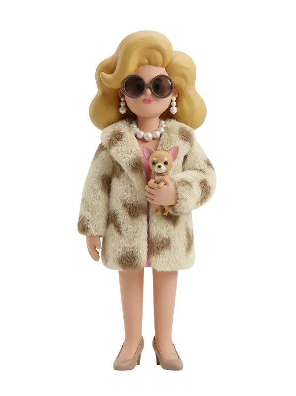 Full-body 3D character of a fashionable Lebanese woman wearing a beige spotted faux-fur coat over a pink dress, large round sunglasses, pearl necklace and drop pearl earrings, holding a small chihuahua; voluminous blonde hair and neutral pose. The figure is shown against a dark isolated background.
