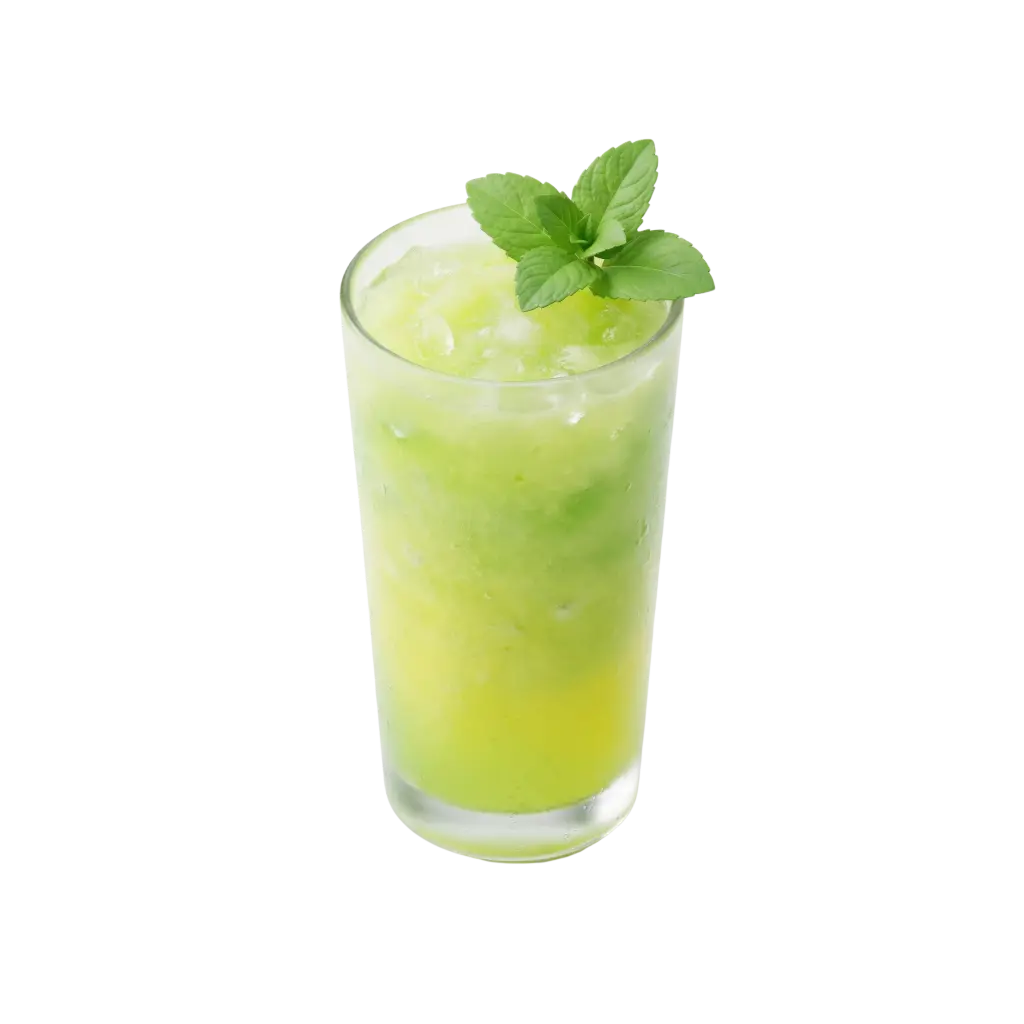3D render of a tall glass filled with pale green lemon-mint slushy and crushed ice, topped with a fresh mint sprig; isolated on a black background.