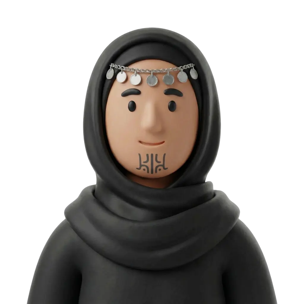 3D portrait bust of a Levantine Bedouin woman wearing a black headscarf and dark draped robe, adorned with a silver coin forehead chain and a stylized chin tattoo. She faces forward with a gentle smile against a plain black/transparent background.