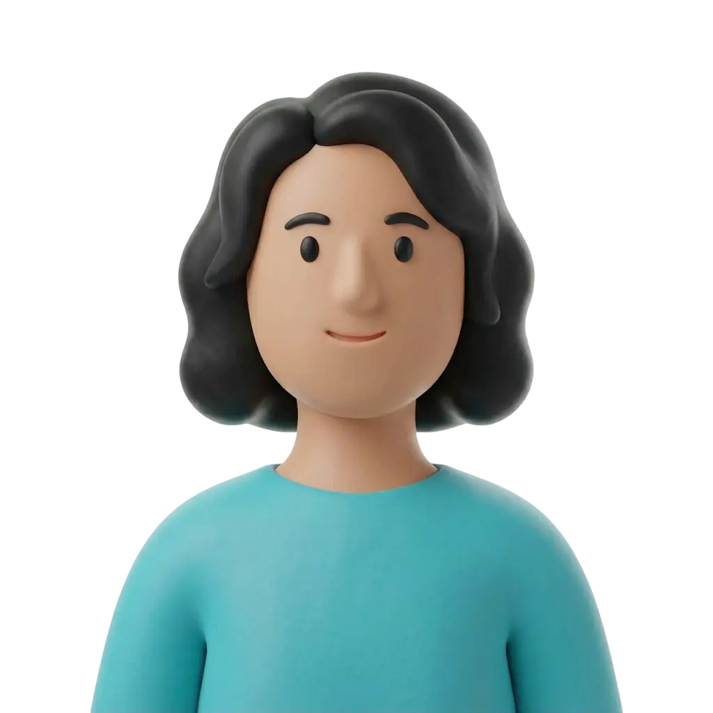 3D portrait bust of a young woman with shoulder-length wavy black hair and a turquoise top, neutral smile and simple dark eyebrows. Rendered as an isolated figure on a dark/transparent background, facing forward with a warm, approachable expression.