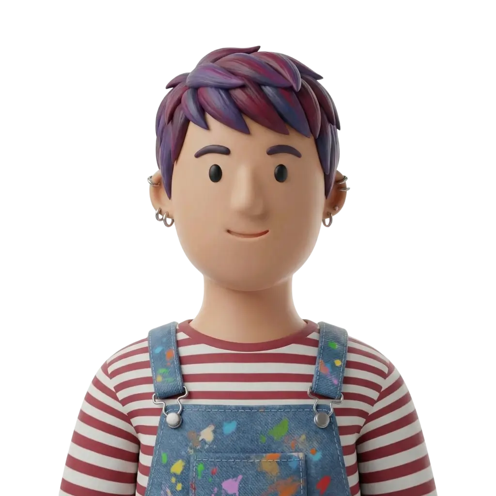 3D portrait bust of a young male-presenting Levantine university artist with short purple-and-magenta hair, multiple ear piercings, wearing a red-and-white striped shirt and paint-splattered denim overalls; neutral smile and forward gaze on a transparent black background.