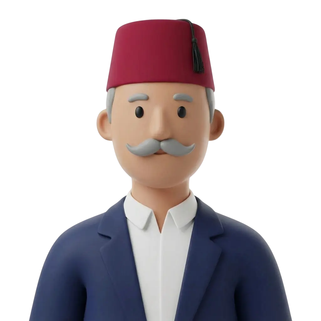 3D portrait bust of an older male Levantine mukhtar wearing a red fez (tarboosh) with a black tassel, grey hair and grey mustache, white shirt and navy blazer. Neutral expression, forward-facing pose on a black background.