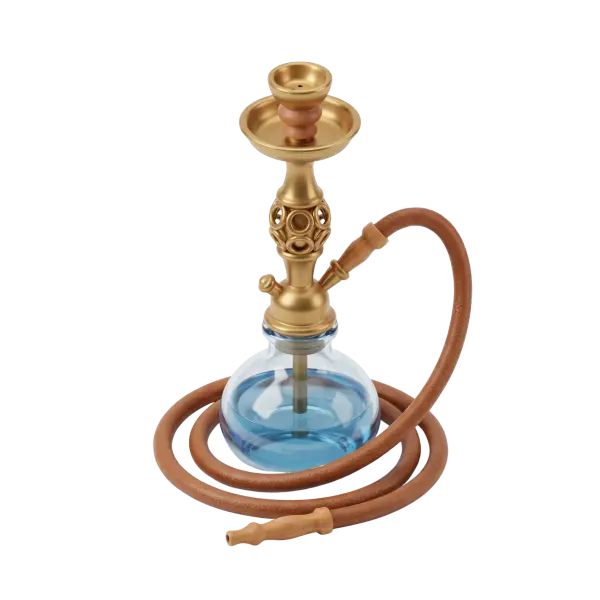 3D render of a Levantine-style shisha with a round blue glass base, ornate gold metallic stem with circular cutouts, coiled brown leather hose and wooden mouthpiece, glossy metallic and glass finishes, isolated on a transparent background.