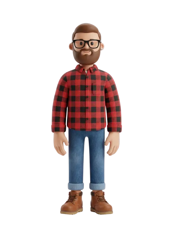 Full-body 3D character of a young man wearing a red-and-black checkered flannel shirt, rolled blue jeans and brown leather boots, with short brown hair, a trimmed beard, black glasses and a small earring. He stands facing forward with a neutral friendly expression on an isolated black background.