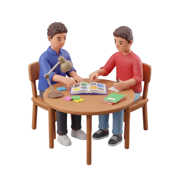 Full-body 3D scene of two male students sitting at a round wooden table, one in a blue shirt and one in a red sweater, pointing at an open book with colorful charts while writing notes; the table holds a desk lamp, sticky notes and notebooks against a black background.