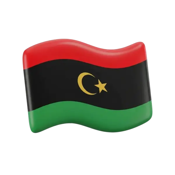 3D render of a glossy wavy Libya flag with horizontal red, black, and green bands and a gold crescent and star, smooth plastic-like finish, isolated on a black background.