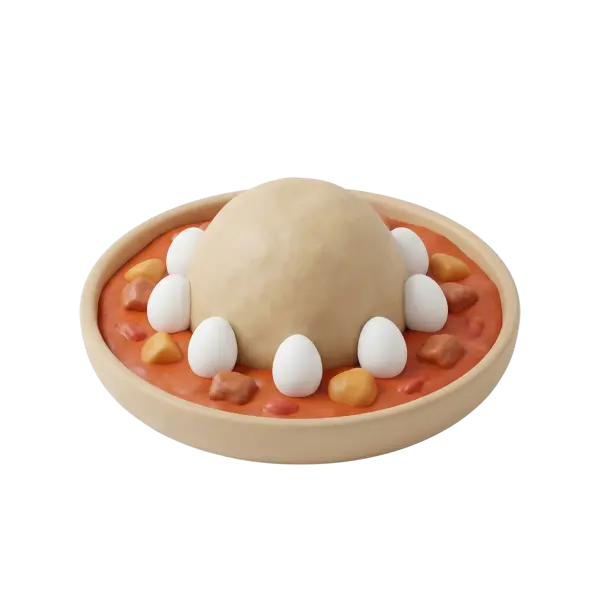 3D render of a Libyan bazeen: a smooth beige dome of dough placed on a shallow beige plate, surrounded by a red tomato-based stew with white boiled eggs and chunks of meat and potatoes, isolated on a black background.