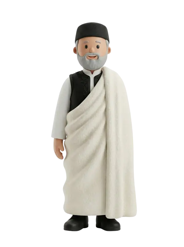 Full-body 3D character of an elderly Libyan man wearing a black round cap, a black embroidered vest over a white long-sleeve shirt and a white draped cloak, with a grey beard and a gentle smile, standing with relaxed hands on a black background.