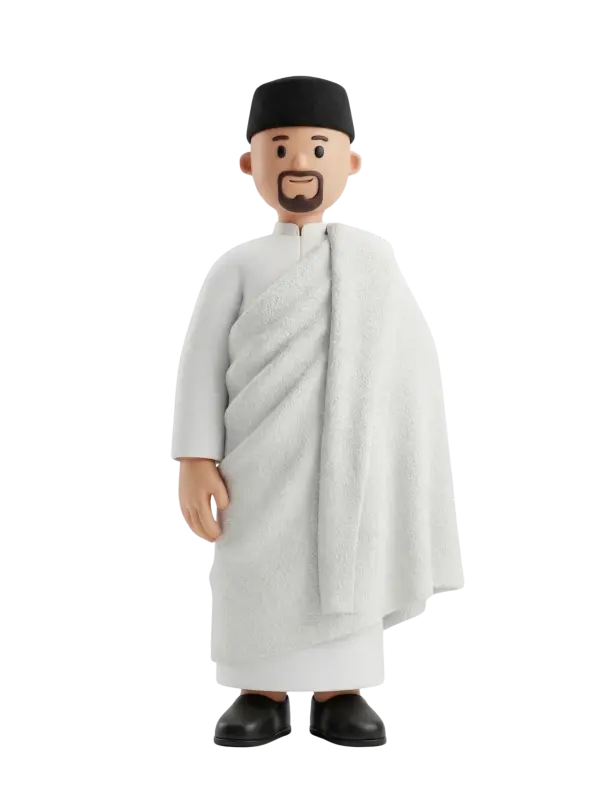 Full-body 3D character of a Libyan man wearing a white thawb and a textured white jird draped over one shoulder, a black fez-style cap, trimmed beard and neutral smile. He stands front-facing with relaxed arms against a solid black background.