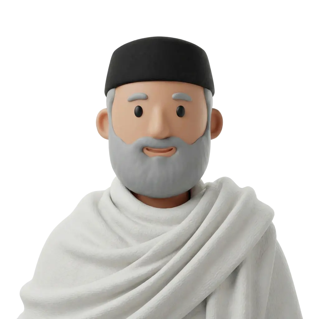 3D portrait bust of an elderly Libyan man wearing a black kufi cap and a white draped jellaba, with a grey beard, gentle smile, frontal pose, on a black background.
