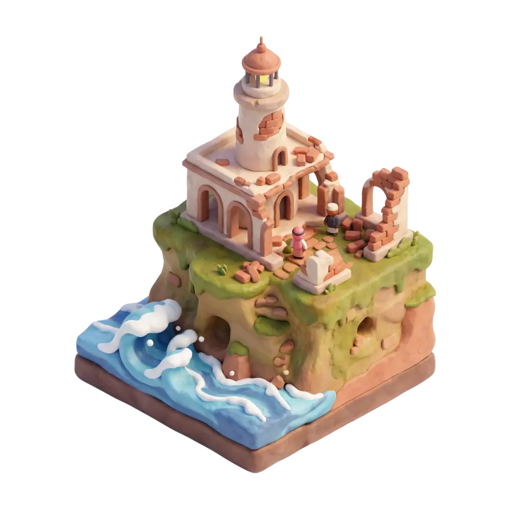 3D clay-style depiction of a coastal lighthouse ruin on a grassy cliff with arched colonnades, scattered brick debris, two small human figures, and stylized ocean waves; isometric perspective with soft, warm lighting and an isolated white background.