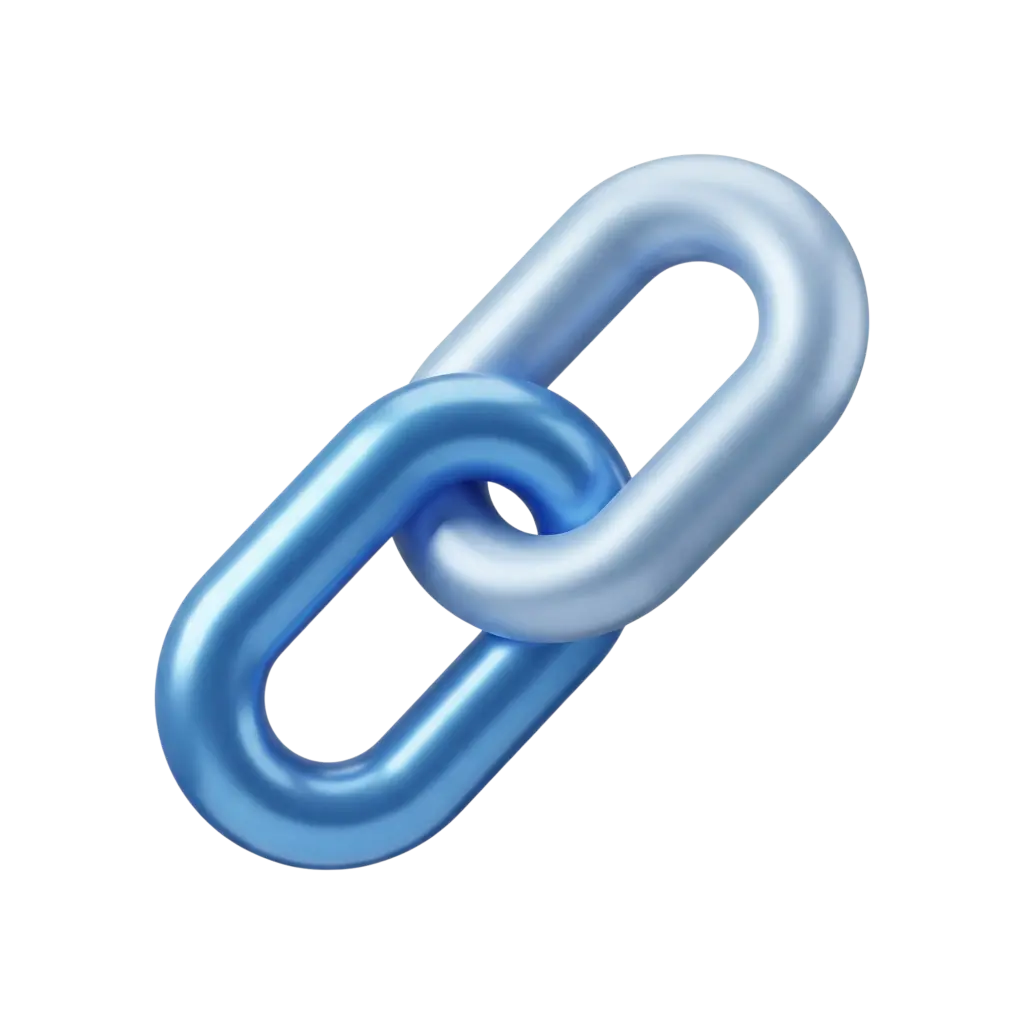 3D render of two interlocking oblong chain links with a smooth metallic blue gradient finish and glossy reflective highlights on a transparent background.