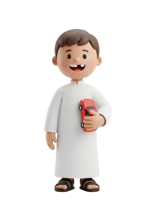 Full-body 3D character of a young boy with short brown hair wearing a white thobe and black sandals, holding a red toy car and smiling with a gap in his front teeth. Posed standing, isolated on a black background.