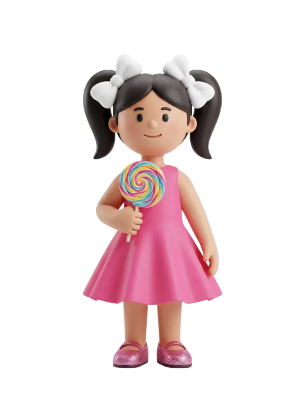 Full-body 3D character of a little girl with dark brown twin ponytails tied with white bows, wearing a sleeveless pink dress and glittery pink shoes, holding a colorful swirl lollipop. She smiles gently and stands facing forward in a neutral pose against a black isolated background.