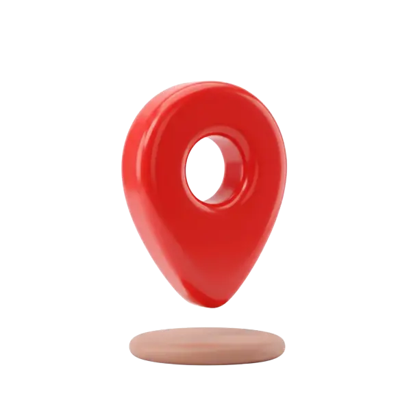 3D render of a glossy red teardrop location pin with a circular hollow center, rendered in polished plastic and hovering above a matte beige circular base; isolated on a transparent background.