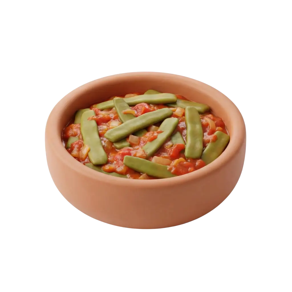 3D render of a terracotta bowl filled with loubieh bi zeit: whole green bean pods laid over a chunky red tomato stew with visible diced onions and olive-oil sheen; isolated on a black background.