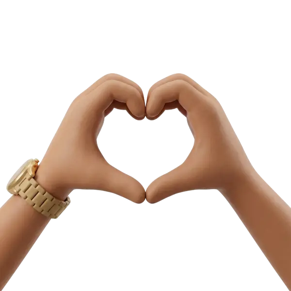3D render of two stylized hands forming a heart shape with smooth skin-tone matte finish and a gold metallic wristwatch on the left wrist, isolated on a transparent background.