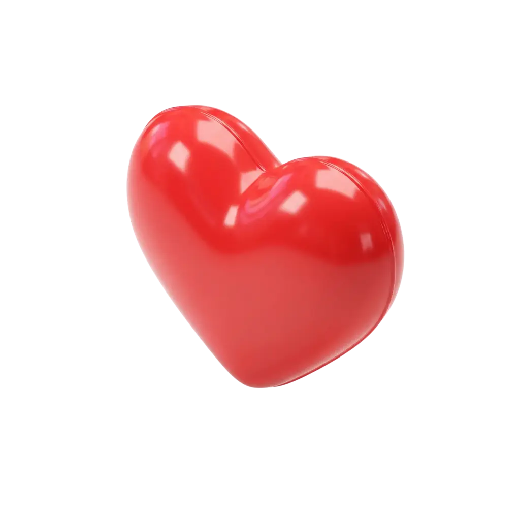 3D render of a glossy red heart with a smooth rounded shape and strong specular highlights, modeled like a high-polish plastic object against a black background.