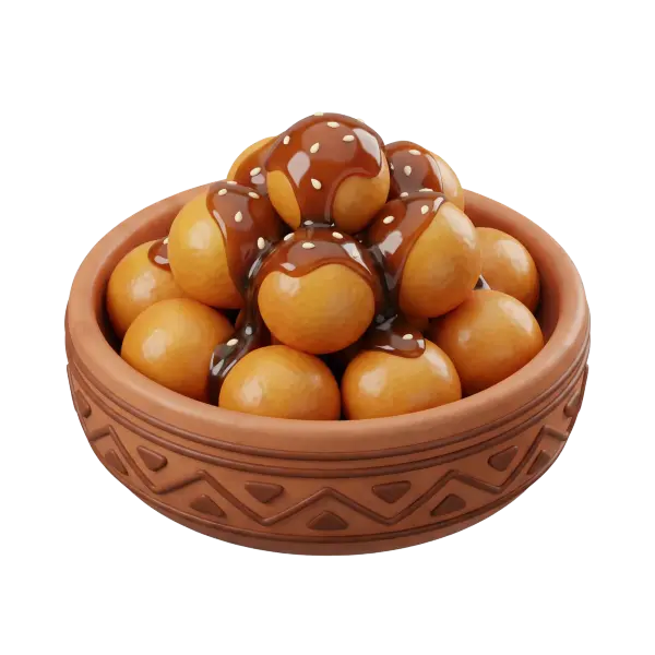 3D render of a terracotta bowl filled with glossy golden-brown luqaimat dough balls drizzled with dark syrup and sprinkled sesame seeds on a black background.