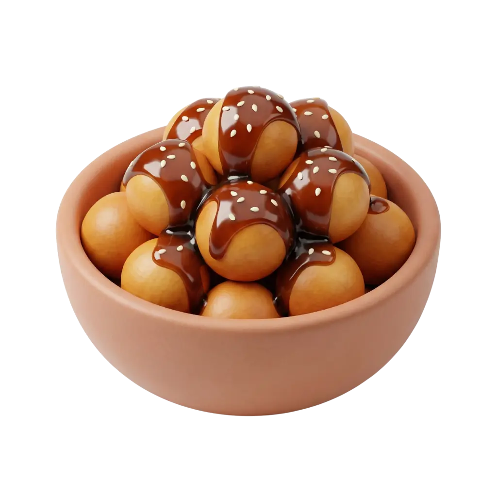 Close-up 3D render of a bowl of luqaimat: golden fried dough balls stacked in a terracotta bowl, drizzled with glossy dark syrup and sprinkled with white sesame seeds on a black background.