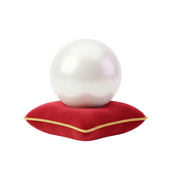 3D render of a large glossy white pearl sphere resting on a red velvet cushion with gold trim, isolated on a black background.