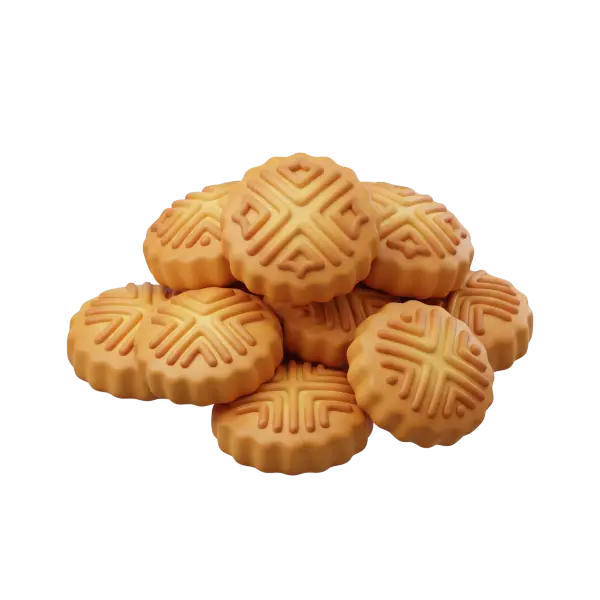 Close-up of a pile of maamoul cookies with golden-brown embossed tops, fluted edges and subtle ridged patterns, isolated on a black background.
