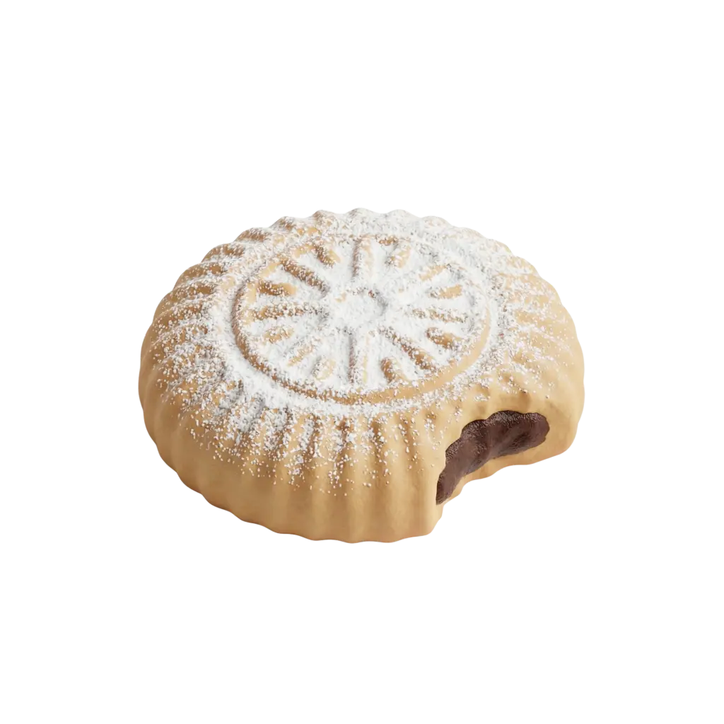 3D render of a round maamoul cookie with a decorative stamped top dusted in powdered sugar, light golden crumbly pastry and a visible bite revealing dark date-like filling, isolated on a black background.