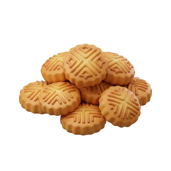 3D render of a pile of round maamoul cookies with stamped geometric patterns, warm golden-brown matte baked finish with subtle sheen on edges, scalloped sides, isolated on a black background.