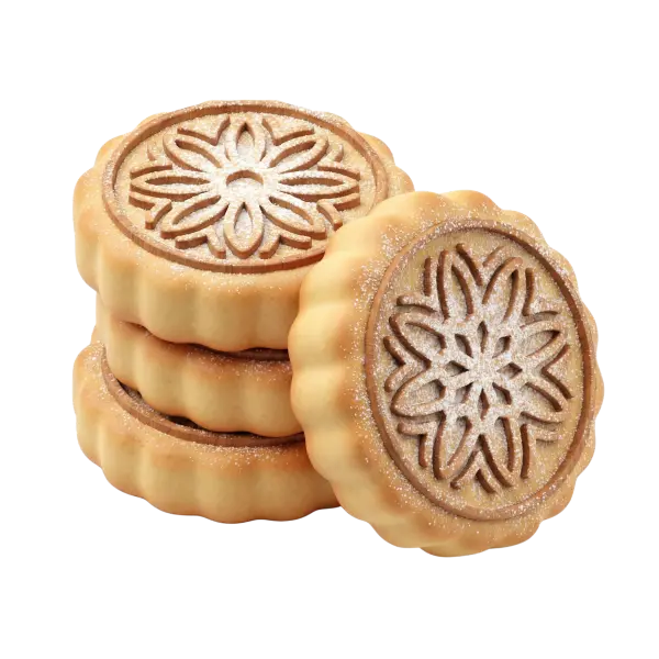 3D render of stacked maamoul cookies with scalloped edges and carved floral molds, dusted with powdered sugar, showing golden-brown shortbread texture on a black background.