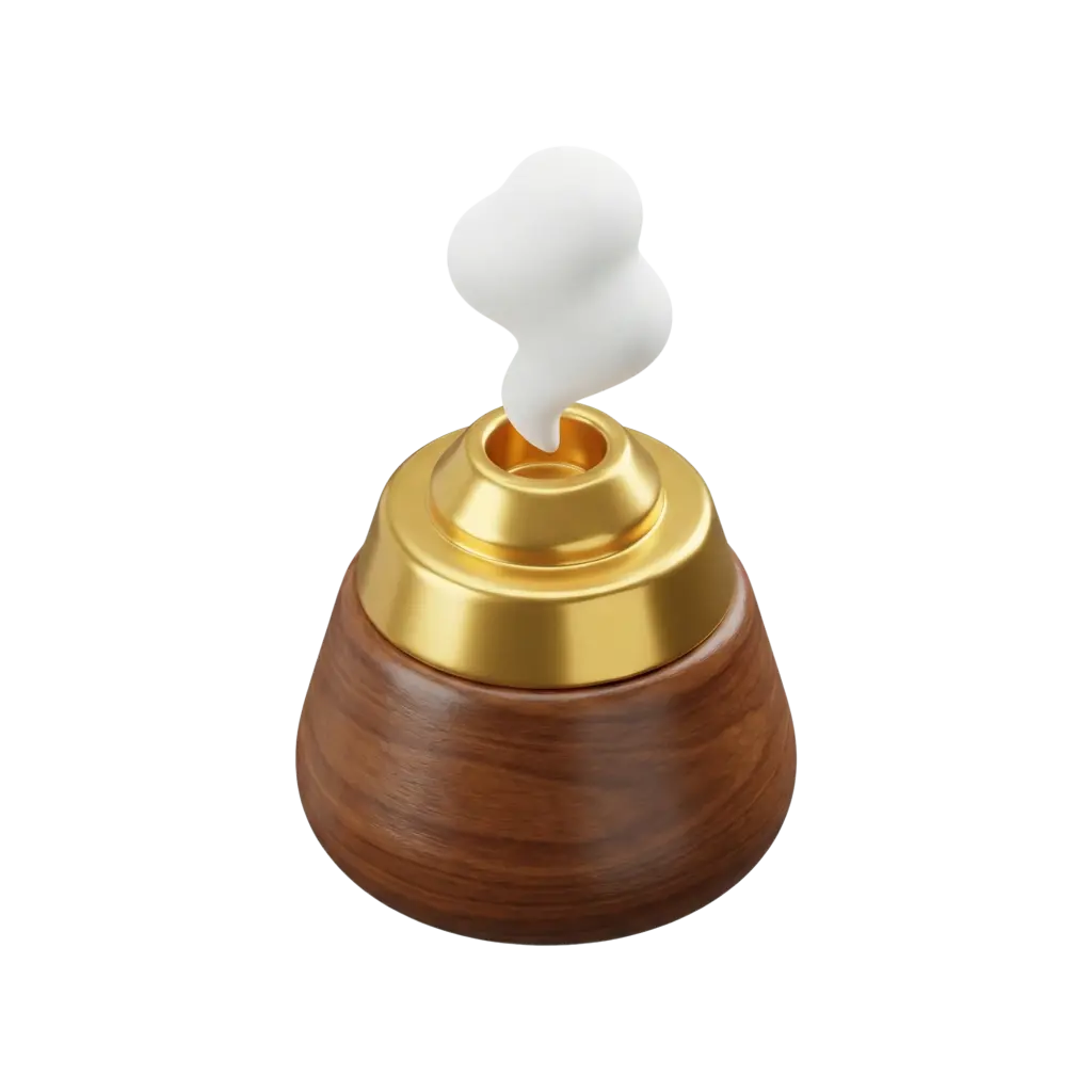 3D render of a small mabkhara incense burner with a polished wooden base, gold metallic stepped top, and a stylized white smoke plume on a black background.