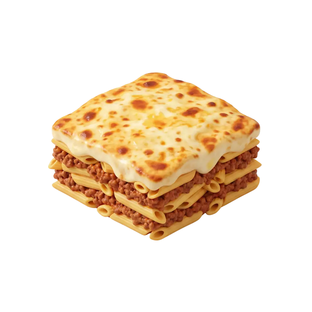 3D render of a square layered macarona bechamel slice showing tubular pasta layers, seasoned minced meat ragù, and a creamy golden-browned béchamel topping with glossy cheese texture, isolated on a black background.