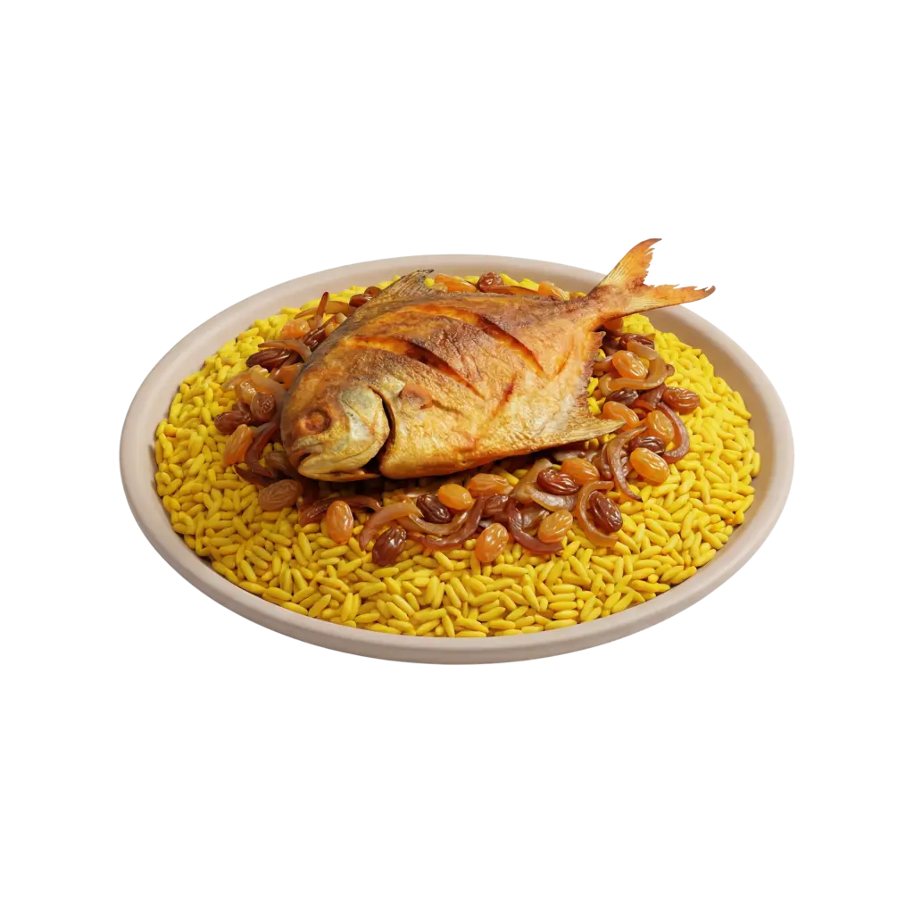 Top-down shot of a round white plate piled with yellow saffron rice topped by a whole fried zubaidi fish, surrounded by caramelized onions and golden raisins, isolated on a black background.