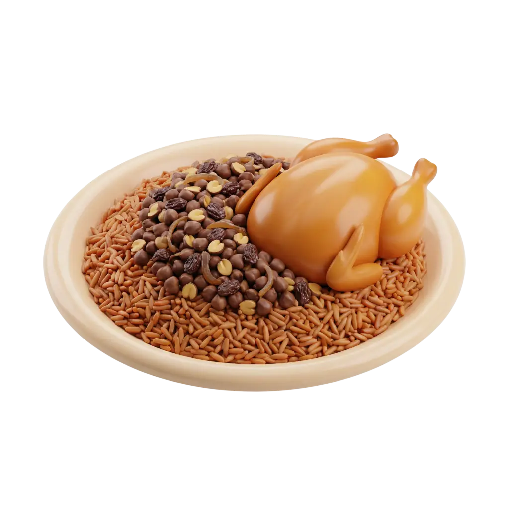 3D render of a beige ceramic plate filled with spiced rice topped by a whole roasted chicken and a mound of chickpeas, raisins and nuts, shown on a transparent black background. The composition is slightly top-down, with warm golden and brown tones and a smooth glossy finish on the chicken.