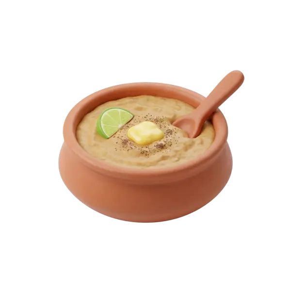 3D render of a terracotta bowl filled with creamy beige porridge topped with a pat of butter, cracked black pepper and a lime wedge, with a matching terracotta spoon and isolated dark background.