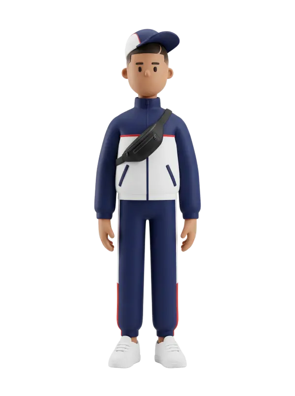 Full-body 3D character of a young male Maghrebi rapper wearing a navy-and-white tracksuit with red trim, white sneakers, a blue-and-white baseball cap, and a black crossbody sling bag; neutral expression, standing pose, isolated on a dark/transparent background.