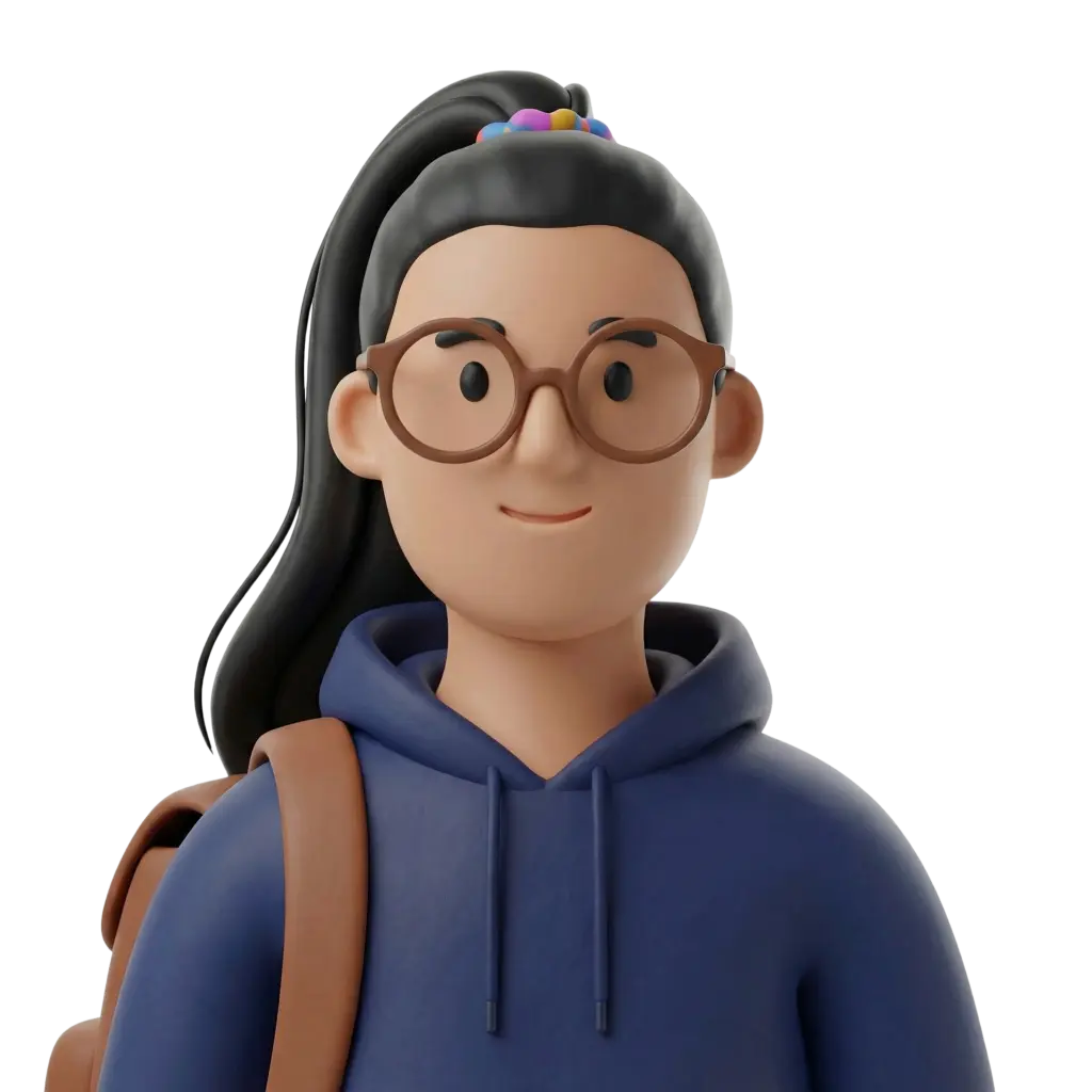 3D portrait bust of a young Maghrebi female student wearing round brown glasses, a navy hoodie and a brown backpack strap, with long black hair in a high ponytail tied with a colorful scrunchie, smiling gently in a forward-facing pose against a dark background.